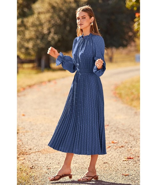 PRETTYGARDEN Women's 2025 Spring Fall Midi Dress Casual Long Sleeve V Neck Swiss Dot Pleated A Line Flowy Dresses