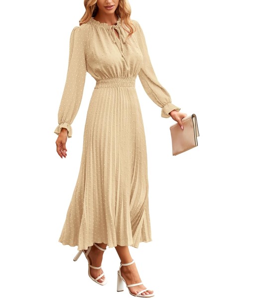 PRETTYGARDEN Women's 2025 Spring Fall Midi Dress Casual Long Sleeve V Neck Swiss Dot Pleated A Line Flowy Dresses