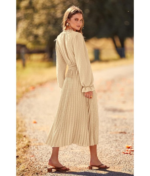 PRETTYGARDEN Women's 2025 Spring Fall Midi Dress Casual Long Sleeve V Neck Swiss Dot Pleated A Line Flowy Dresses