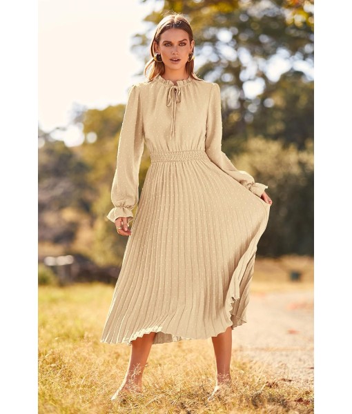 PRETTYGARDEN Women's 2025 Spring Fall Midi Dress Casual Long Sleeve V Neck Swiss Dot Pleated A Line Flowy Dresses