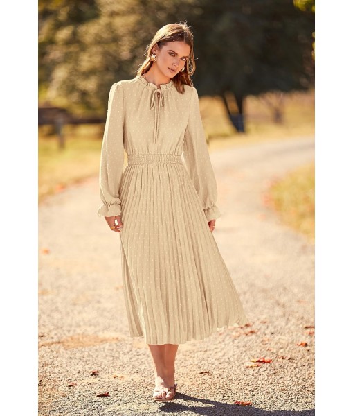 PRETTYGARDEN Women's 2025 Spring Fall Midi Dress Casual Long Sleeve V Neck Swiss Dot Pleated A Line Flowy Dresses