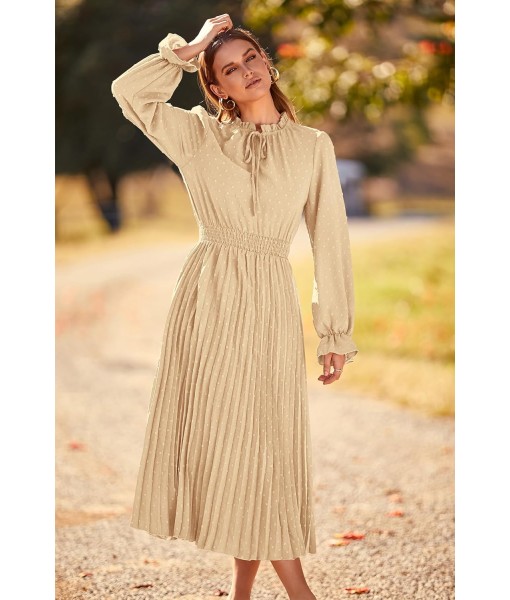 PRETTYGARDEN Women's 2025 Spring Fall Midi Dress Casual Long Sleeve V Neck Swiss Dot Pleated A Line Flowy Dresses