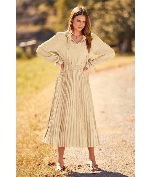 PRETTYGARDEN Women's 2025 Spring Fall Midi Dress Casual Long Sleeve V Neck Swiss Dot Pleated A Line Flowy Dresses