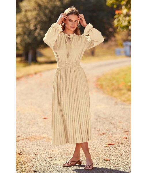 PRETTYGARDEN Women's 2025 Spring Fall Midi Dress Casual Long Sleeve V Neck Swiss Dot Pleated A Line Flowy Dresses