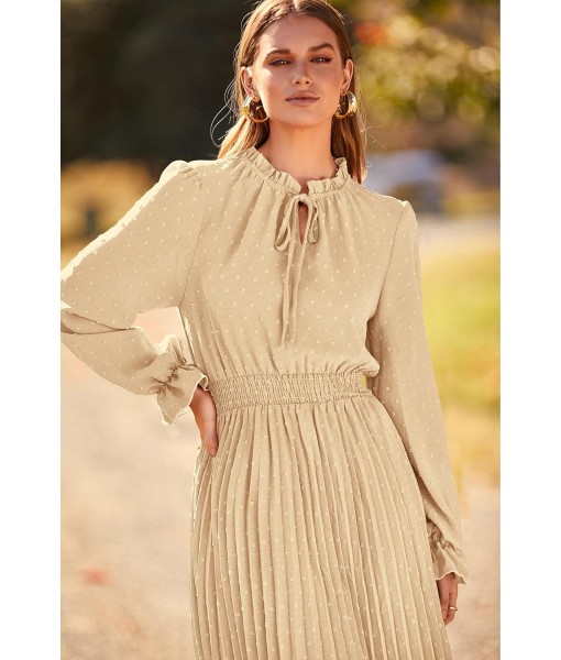 PRETTYGARDEN Women's 2025 Spring Fall Midi Dress Casual Long Sleeve V Neck Swiss Dot Pleated A Line Flowy Dresses
