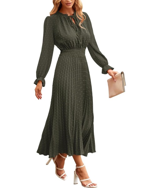 PRETTYGARDEN Women's 2025 Spring Fall Midi Dress Casual Long Sleeve V Neck Swiss Dot Pleated A Line Flowy Dresses