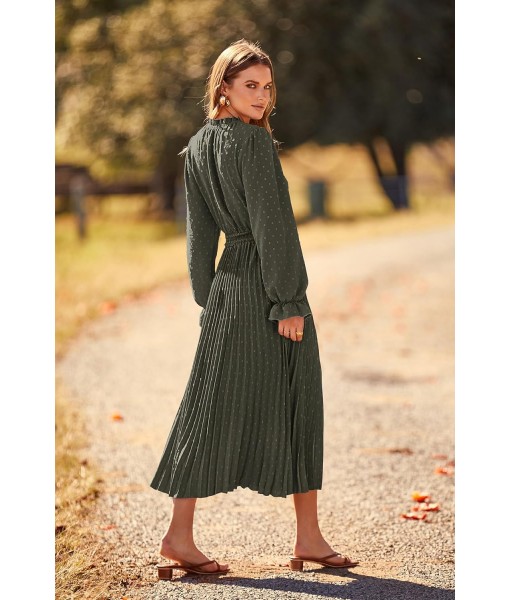 PRETTYGARDEN Women's 2025 Spring Fall Midi Dress Casual Long Sleeve V Neck Swiss Dot Pleated A Line Flowy Dresses