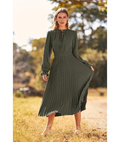 PRETTYGARDEN Women's 2025 Spring Fall Midi Dress Casual Long Sleeve V Neck Swiss Dot Pleated A Line Flowy Dresses
