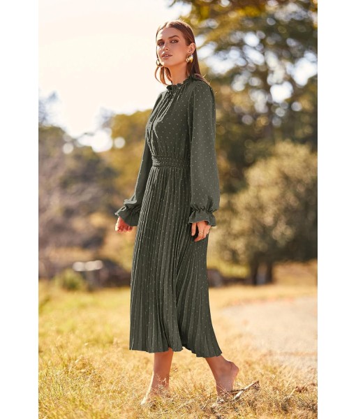 PRETTYGARDEN Women's 2025 Spring Fall Midi Dress Casual Long Sleeve V Neck Swiss Dot Pleated A Line Flowy Dresses