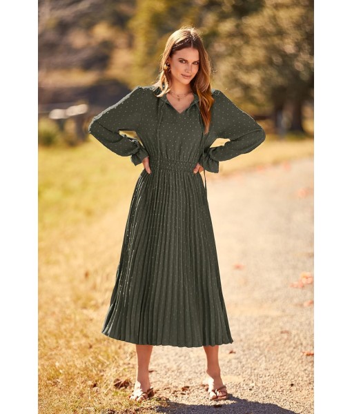 PRETTYGARDEN Women's 2025 Spring Fall Midi Dress Casual Long Sleeve V Neck Swiss Dot Pleated A Line Flowy Dresses