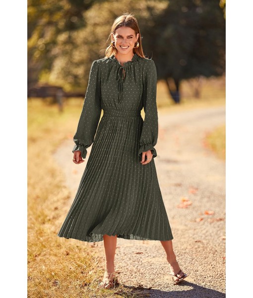 PRETTYGARDEN Women's 2025 Spring Fall Midi Dress Casual Long Sleeve V Neck Swiss Dot Pleated A Line Flowy Dresses