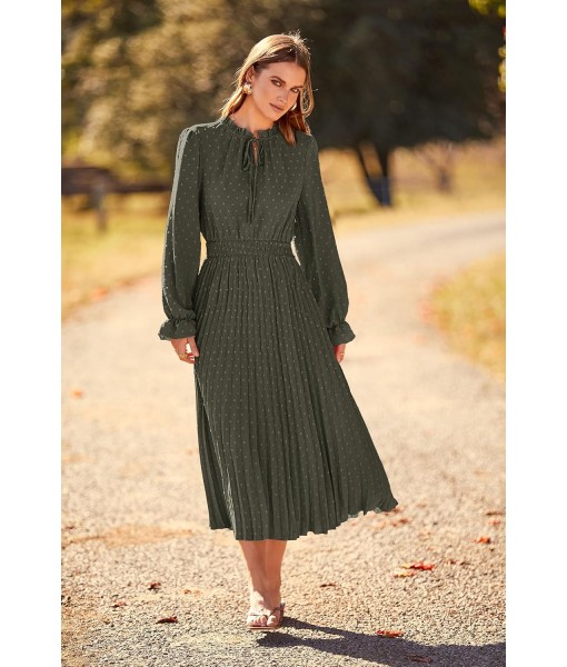 PRETTYGARDEN Women's 2025 Spring Fall Midi Dress Casual Long Sleeve V Neck Swiss Dot Pleated A Line Flowy Dresses