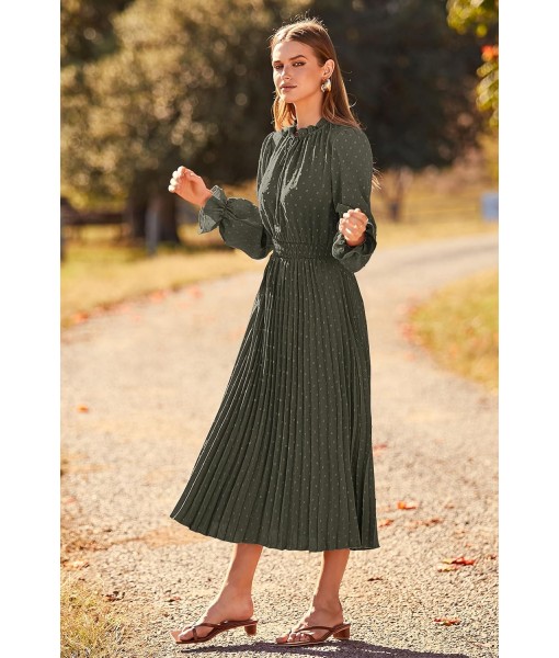 PRETTYGARDEN Women's 2025 Spring Fall Midi Dress Casual Long Sleeve V Neck Swiss Dot Pleated A Line Flowy Dresses