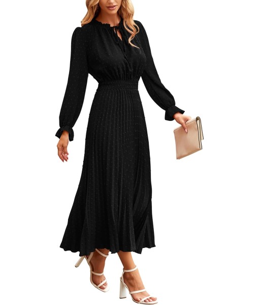 PRETTYGARDEN Women's 2025 Spring Fall Midi Dress Casual Long Sleeve V Neck Swiss Dot Pleated A Line Flowy Dresses
