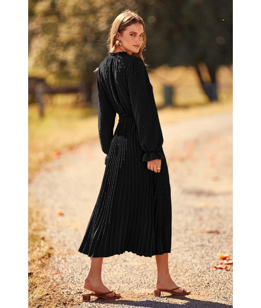 PRETTYGARDEN Women's 2025 Spring Fall Midi Dress Casual Long Sleeve V Neck Swiss Dot Pleated A Line Flowy Dresses