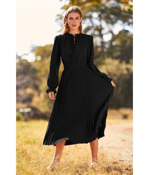 PRETTYGARDEN Women's 2025 Spring Fall Midi Dress Casual Long Sleeve V Neck Swiss Dot Pleated A Line Flowy Dresses