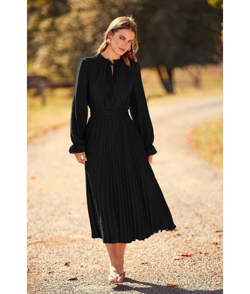 PRETTYGARDEN Women's 2025 Spring Fall Midi Dress Casual Long Sleeve V Neck Swiss Dot Pleated A Line Flowy Dresses