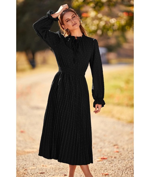 PRETTYGARDEN Women's 2025 Spring Fall Midi Dress Casual Long Sleeve V Neck Swiss Dot Pleated A Line Flowy Dresses