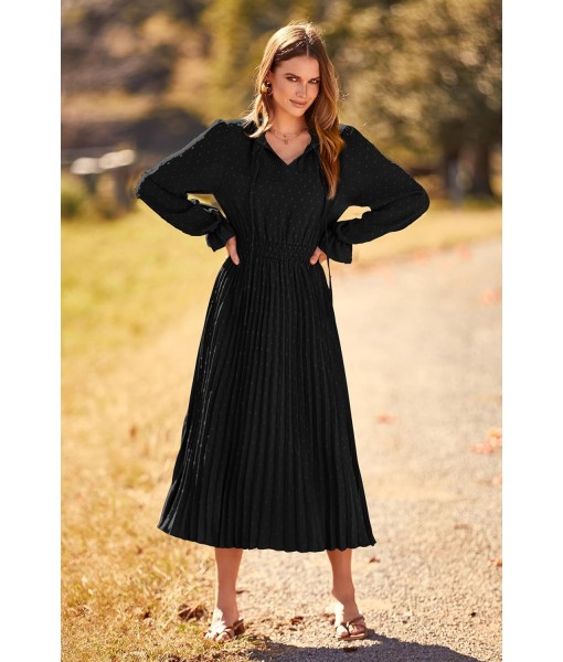PRETTYGARDEN Women's 2025 Spring Fall Midi Dress Casual Long Sleeve V Neck Swiss Dot Pleated A Line Flowy Dresses