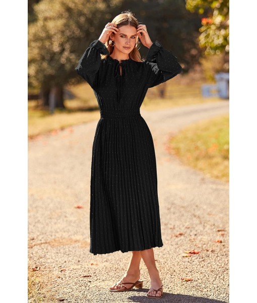PRETTYGARDEN Women's 2025 Spring Fall Midi Dress Casual Long Sleeve V Neck Swiss Dot Pleated A Line Flowy Dresses
