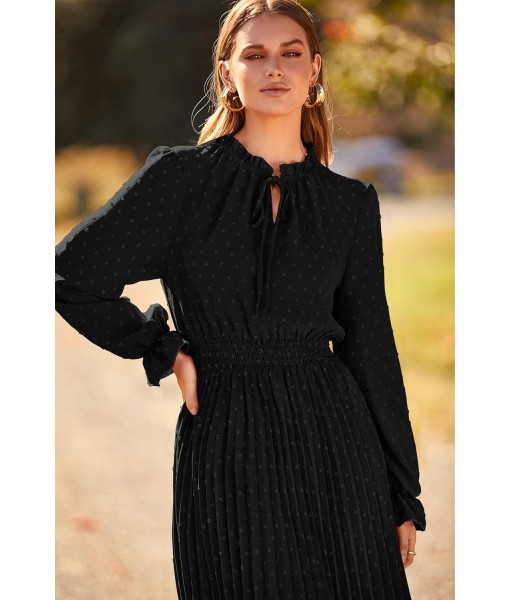 PRETTYGARDEN Women's 2025 Spring Fall Midi Dress Casual Long Sleeve V Neck Swiss Dot Pleated A Line Flowy Dresses