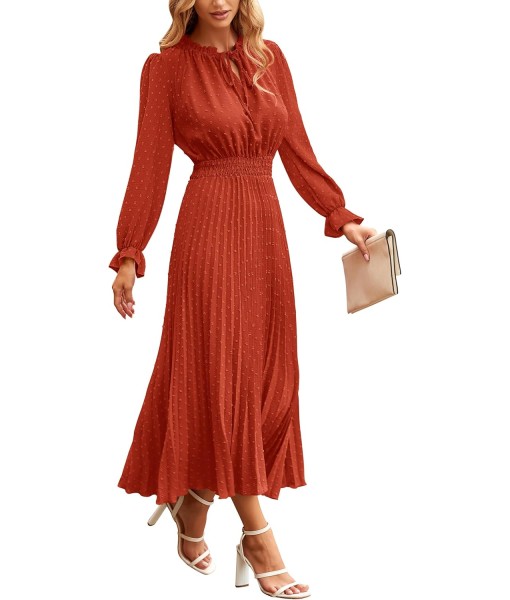 PRETTYGARDEN Women's 2025 Spring Fall Midi Dress Casual Long Sleeve V Neck Swiss Dot Pleated A Line Flowy Dresses