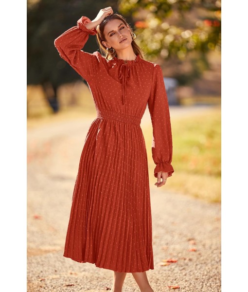 PRETTYGARDEN Women's 2025 Spring Fall Midi Dress Casual Long Sleeve V Neck Swiss Dot Pleated A Line Flowy Dresses