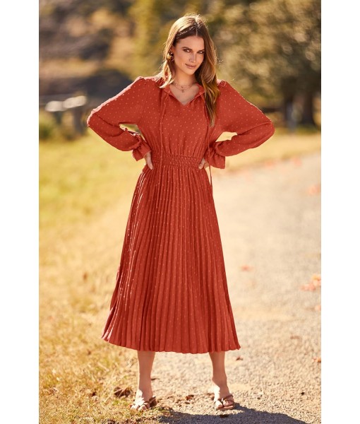 PRETTYGARDEN Women's 2025 Spring Fall Midi Dress Casual Long Sleeve V Neck Swiss Dot Pleated A Line Flowy Dresses