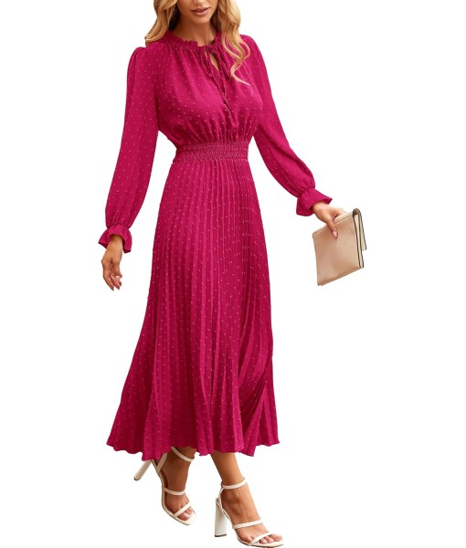 PRETTYGARDEN Women's 2025 Spring Fall Midi Dress Casual Long Sleeve V Neck Swiss Dot Pleated A Line Flowy Dresses