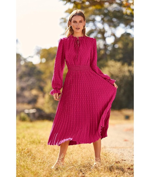 PRETTYGARDEN Women's 2025 Spring Fall Midi Dress Casual Long Sleeve V Neck Swiss Dot Pleated A Line Flowy Dresses