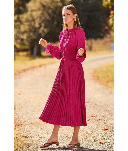 PRETTYGARDEN Women's 2025 Spring Fall Midi Dress Casual Long Sleeve V Neck Swiss Dot Pleated A Line Flowy Dresses