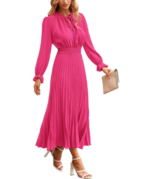PRETTYGARDEN Women's 2025 Spring Fall Midi Dress Casual Long Sleeve V Neck Swiss Dot Pleated A Line Flowy Dresses
