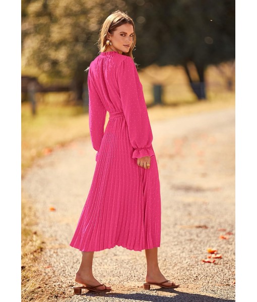 PRETTYGARDEN Women's 2025 Spring Fall Midi Dress Casual Long Sleeve V Neck Swiss Dot Pleated A Line Flowy Dresses