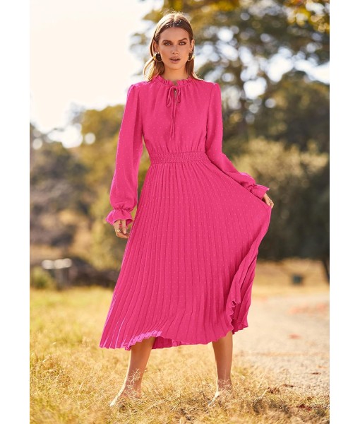 PRETTYGARDEN Women's 2025 Spring Fall Midi Dress Casual Long Sleeve V Neck Swiss Dot Pleated A Line Flowy Dresses