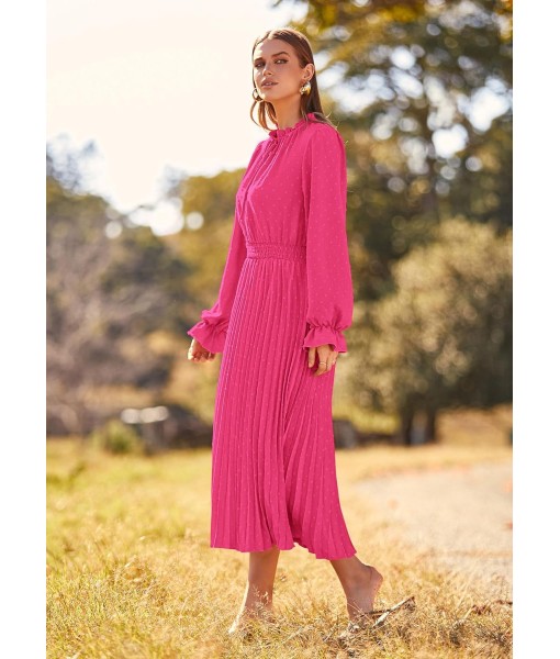 PRETTYGARDEN Women's 2025 Spring Fall Midi Dress Casual Long Sleeve V Neck Swiss Dot Pleated A Line Flowy Dresses