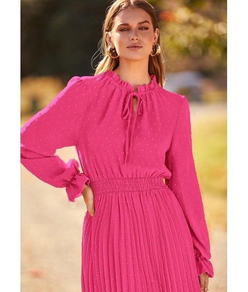 PRETTYGARDEN Women's 2025 Spring Fall Midi Dress Casual Long Sleeve V Neck Swiss Dot Pleated A Line Flowy Dresses
