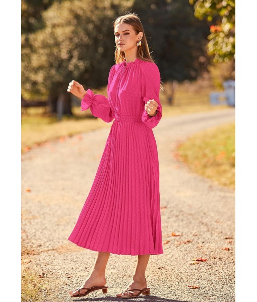 PRETTYGARDEN Women's 2025 Spring Fall Midi Dress Casual Long Sleeve V Neck Swiss Dot Pleated A Line Flowy Dresses