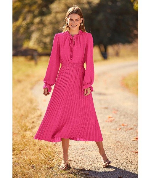 PRETTYGARDEN Women's 2025 Spring Fall Midi Dress Casual Long Sleeve V Neck Swiss Dot Pleated A Line Flowy Dresses