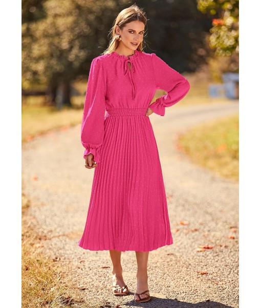 PRETTYGARDEN Women's 2025 Spring Fall Midi Dress Casual Long Sleeve V Neck Swiss Dot Pleated A Line Flowy Dresses