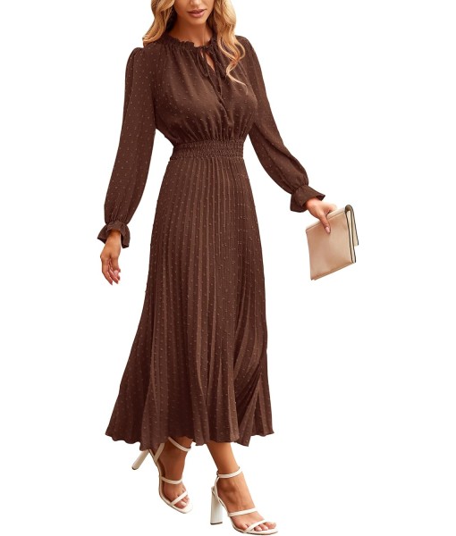 PRETTYGARDEN Women's 2025 Spring Fall Midi Dress Casual Long Sleeve V Neck Swiss Dot Pleated A Line Flowy Dresses