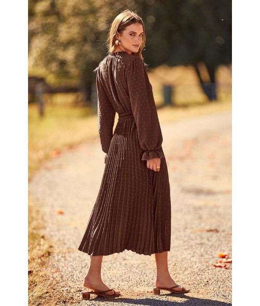 PRETTYGARDEN Women's 2025 Spring Fall Midi Dress Casual Long Sleeve V Neck Swiss Dot Pleated A Line Flowy Dresses