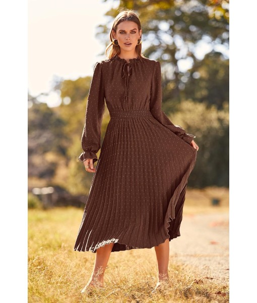 PRETTYGARDEN Women's 2025 Spring Fall Midi Dress Casual Long Sleeve V Neck Swiss Dot Pleated A Line Flowy Dresses