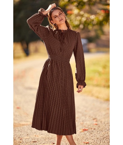 PRETTYGARDEN Women's 2025 Spring Fall Midi Dress Casual Long Sleeve V Neck Swiss Dot Pleated A Line Flowy Dresses