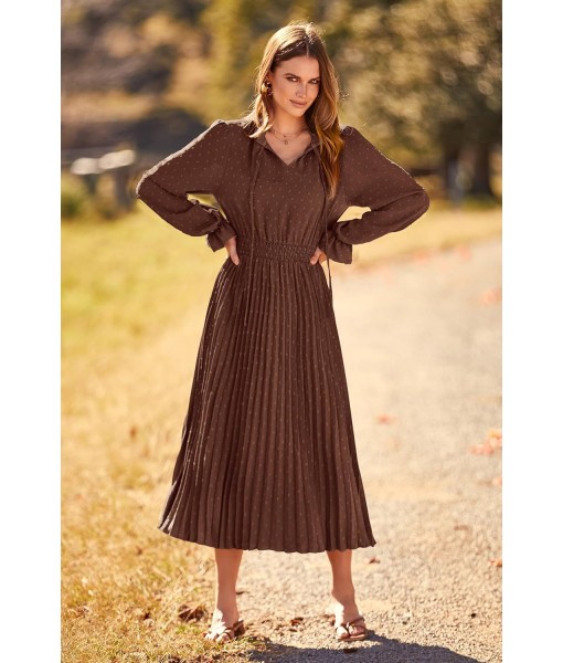 PRETTYGARDEN Women's 2025 Spring Fall Midi Dress Casual Long Sleeve V Neck Swiss Dot Pleated A Line Flowy Dresses