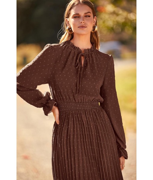 PRETTYGARDEN Women's 2025 Spring Fall Midi Dress Casual Long Sleeve V Neck Swiss Dot Pleated A Line Flowy Dresses