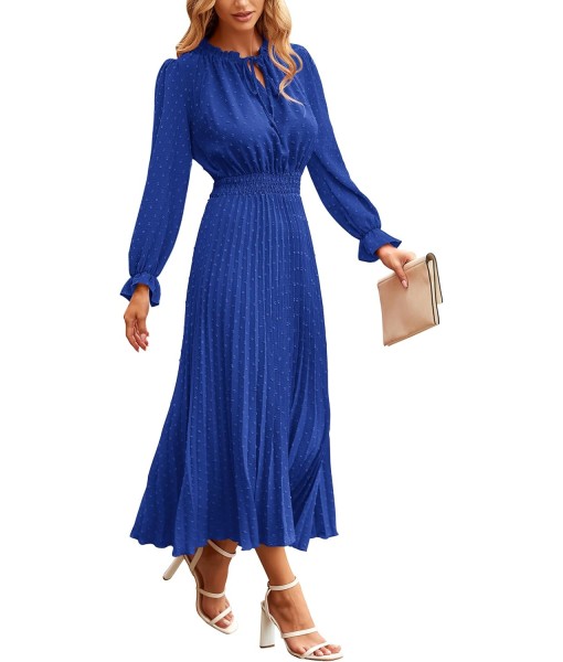 PRETTYGARDEN Women's 2025 Spring Fall Midi Dress Casual Long Sleeve V Neck Swiss Dot Pleated A Line Flowy Dresses