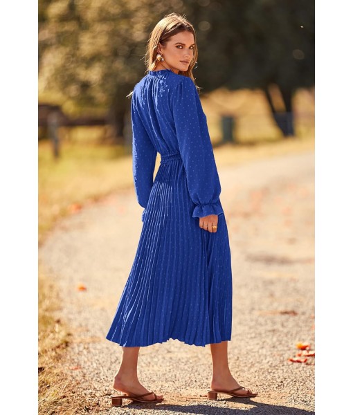 PRETTYGARDEN Women's 2025 Spring Fall Midi Dress Casual Long Sleeve V Neck Swiss Dot Pleated A Line Flowy Dresses