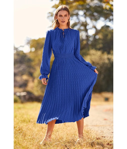 PRETTYGARDEN Women's 2025 Spring Fall Midi Dress Casual Long Sleeve V Neck Swiss Dot Pleated A Line Flowy Dresses