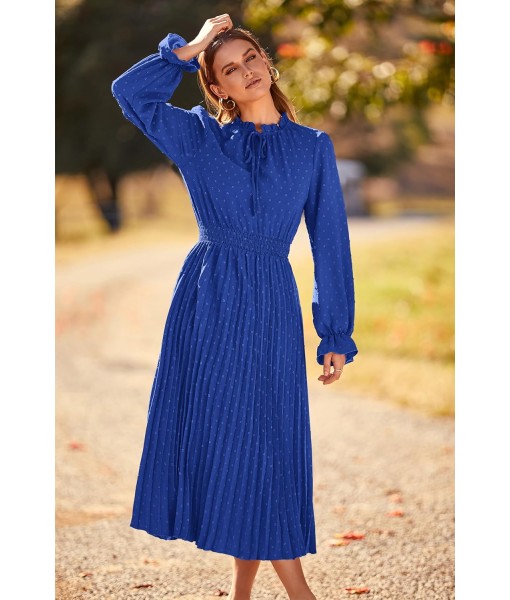 PRETTYGARDEN Women's 2025 Spring Fall Midi Dress Casual Long Sleeve V Neck Swiss Dot Pleated A Line Flowy Dresses