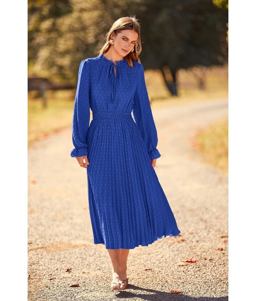 PRETTYGARDEN Women's 2025 Spring Fall Midi Dress Casual Long Sleeve V Neck Swiss Dot Pleated A Line Flowy Dresses